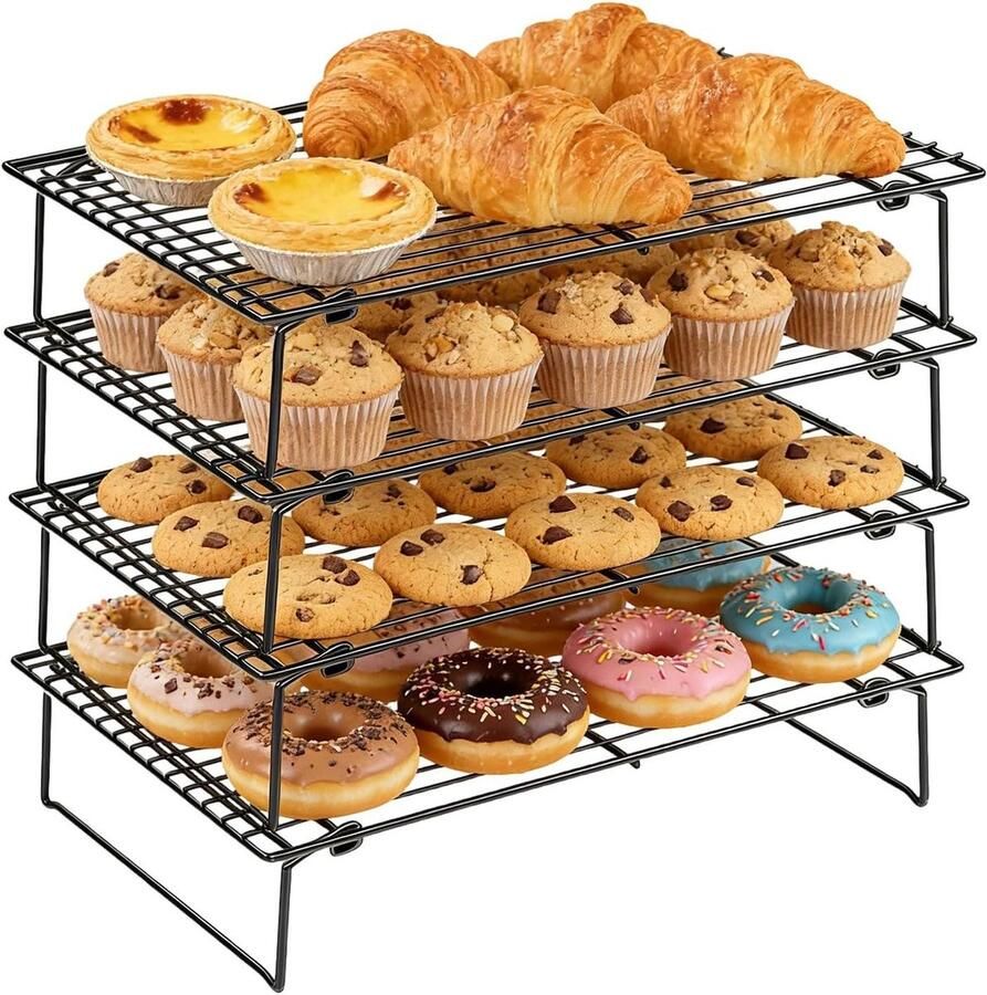 Koelrekken Bakken Afkoelrooster Bakplaat Baken Koelen Stapelbaar 4 Etages 26 x 41 cm Zilver