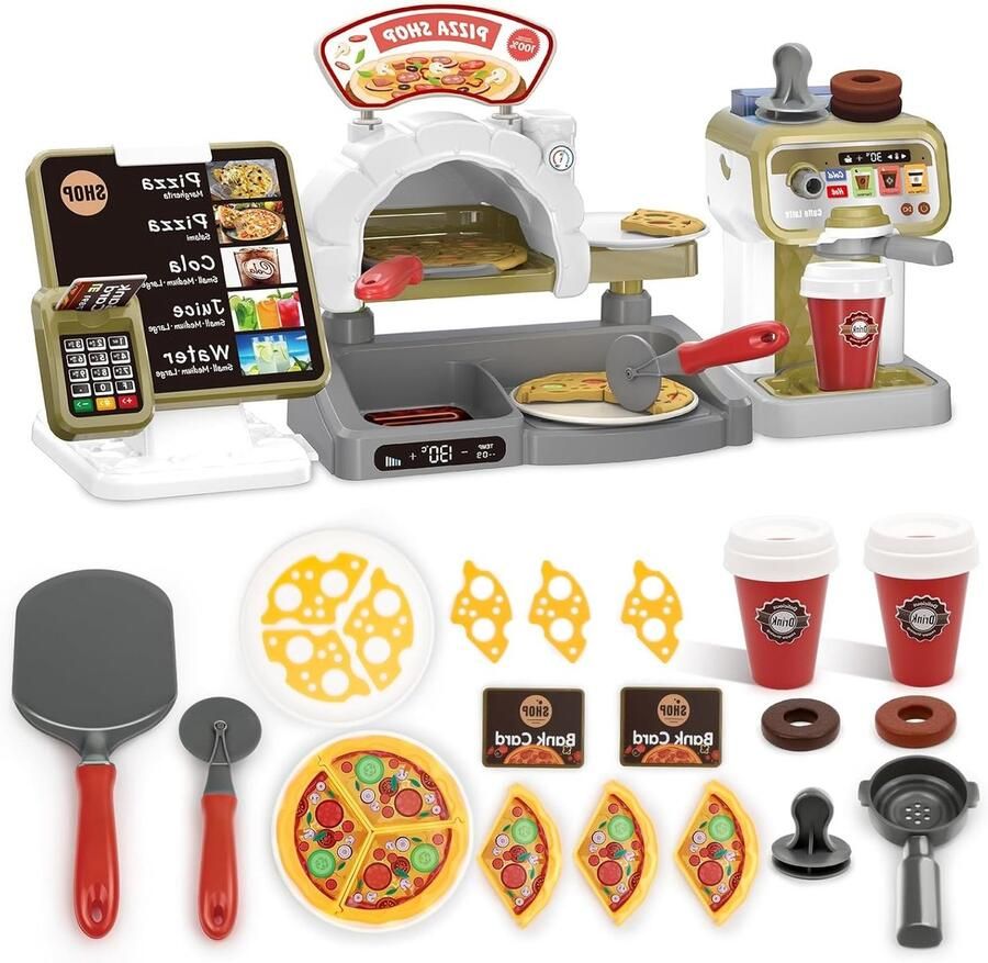 Koffie- en Pizzawinkel Speelgoed voor Kinderen met Koffiemachine Geluid en Rollenspel voor Jongens en Meisjes van 2-4 Jaar