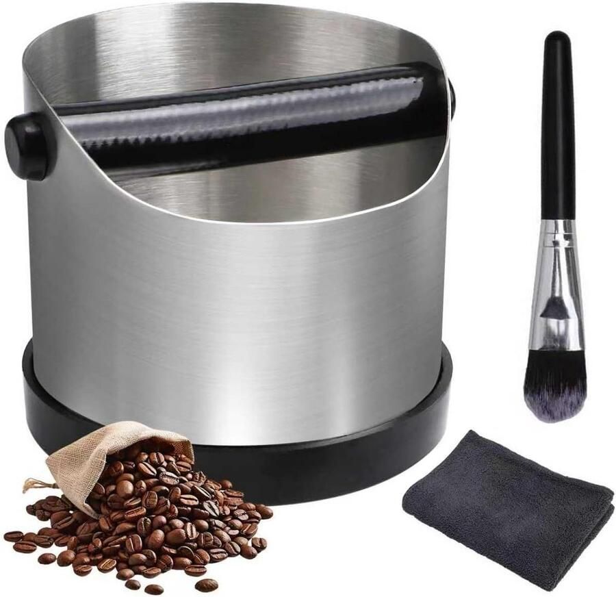 Koffie Klopdoos Espresso Afvalbak Koffiedik Verzamelen Inclusief Borstel 11.8 x 11.8 cm Zilver