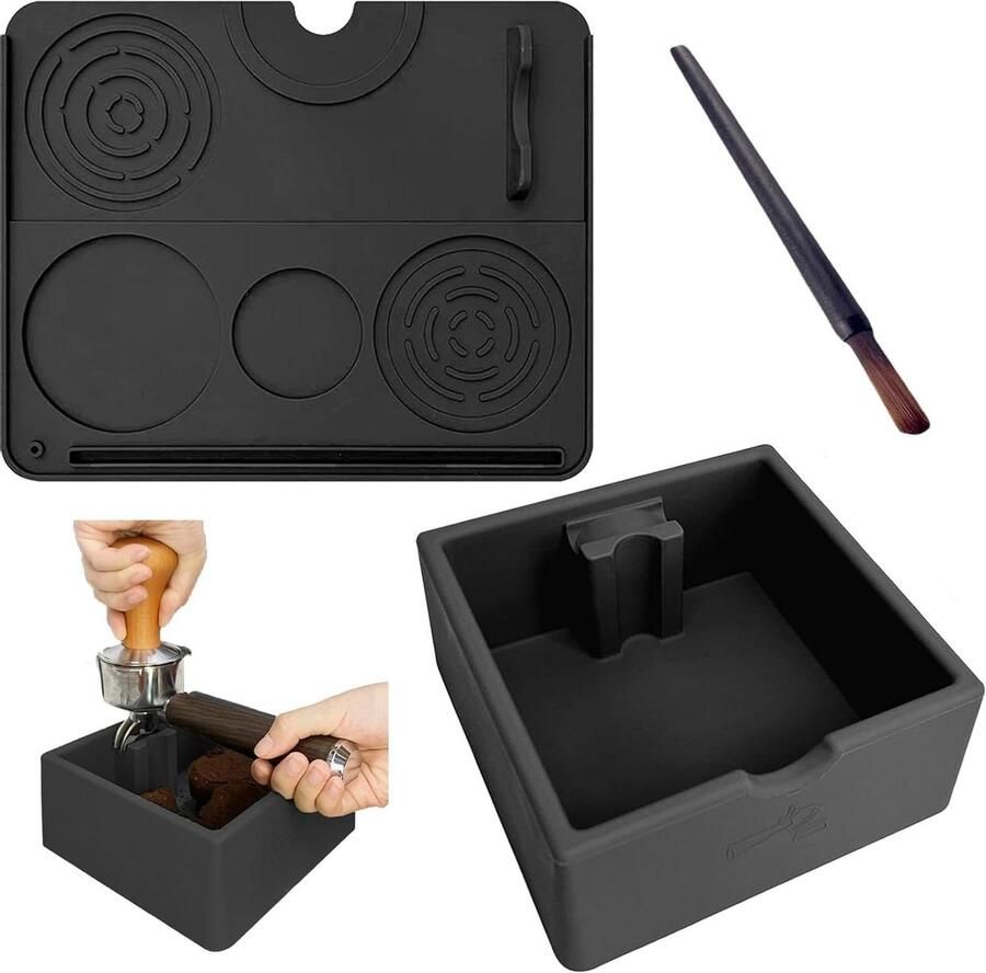 Koffie Klopdoos Set Espresso Mat Borstel Koffie Bereiden 3-in-1 Barista Werkruimte 20x25cm Zwart