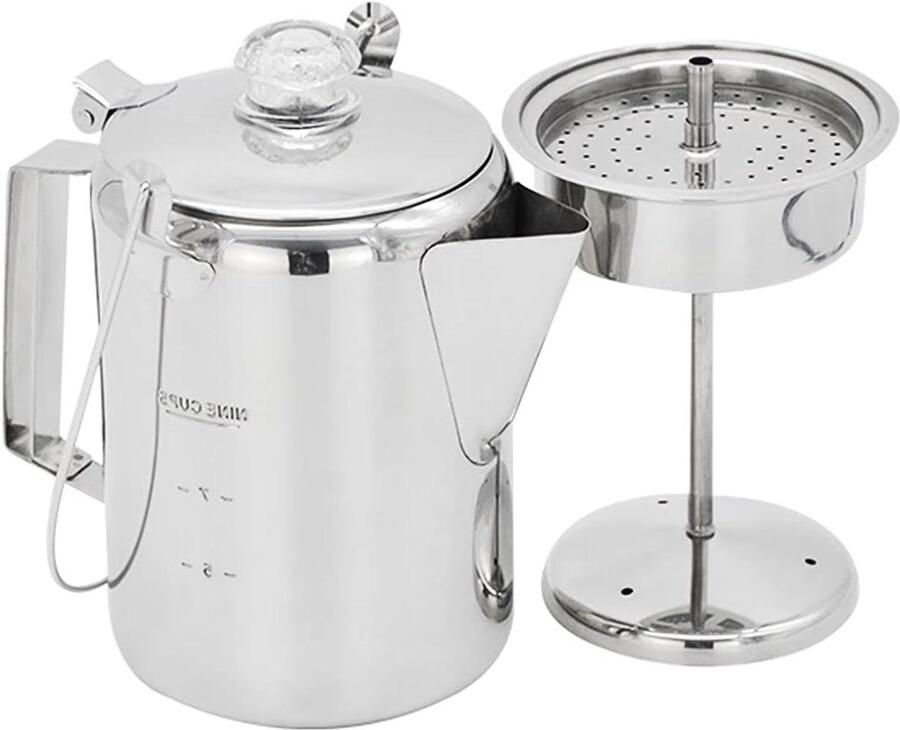 Koffie Percolator Koffiezetapparaat RVS Koffie Zetten Scharnierend Deksel 9 Cups Zilverkleurig
