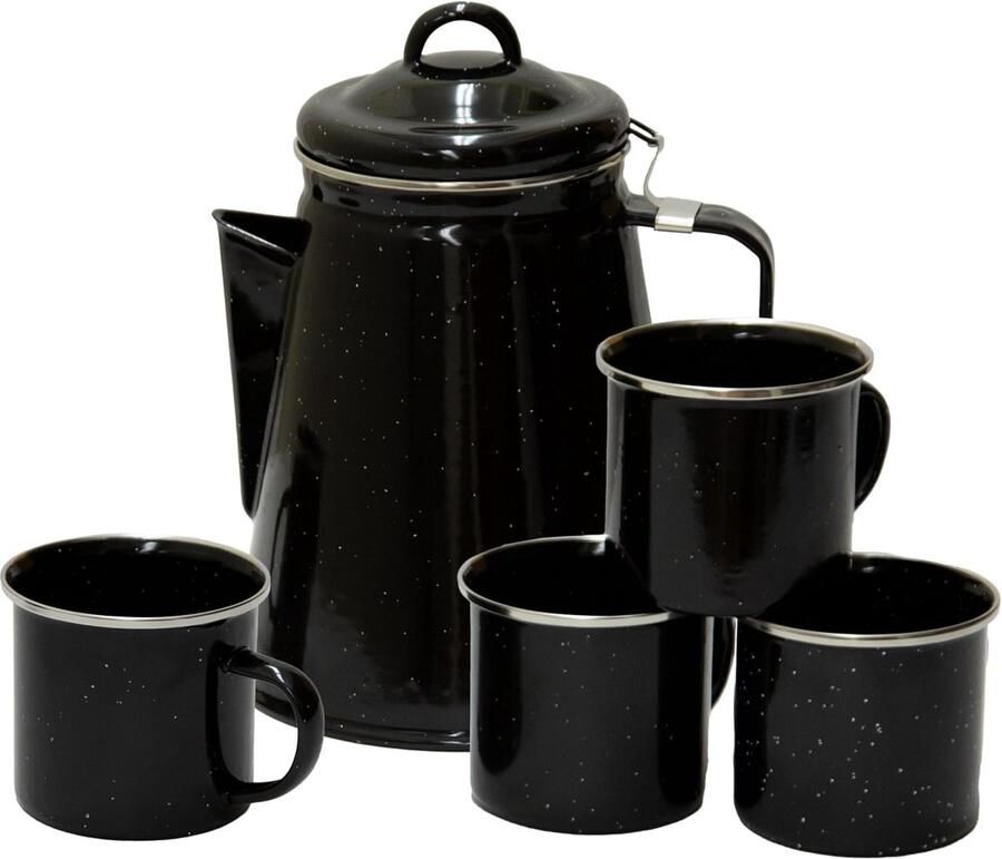 Koffie Percolator Mokken Set Buiten Koken Geëmailleerde Afwerking 8 Kops Zwart
