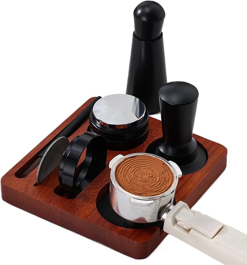 Koffie Tamper Set Espresso Accessoires Perfecte Espresso Maken Universeel Tamping Station 7-delig Hout & Staal