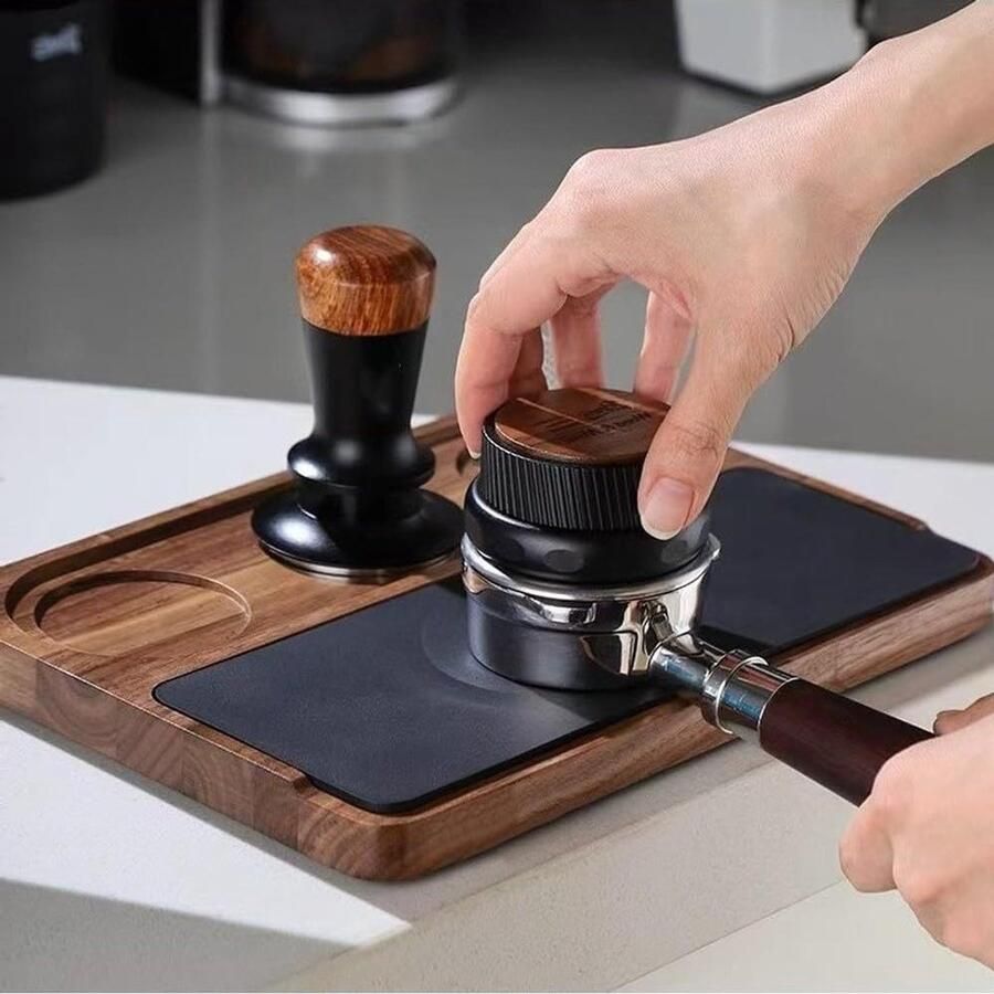 Koffie Tamper Station Espresso Organizer Barista Werkruimte Walnoot Hout Constructie 26 x 19 cm Bruin