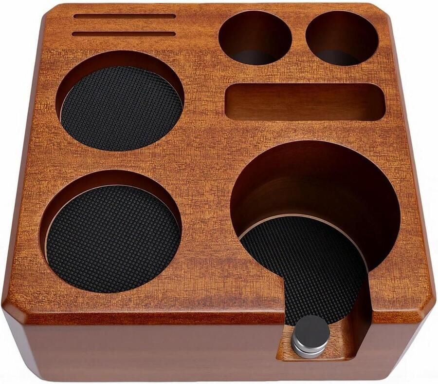 Koffie Tamper Station Espresso Organizer Koffie Bereiden Walnoothouten Basis 18 x 18 x 7.5 cm Bruin