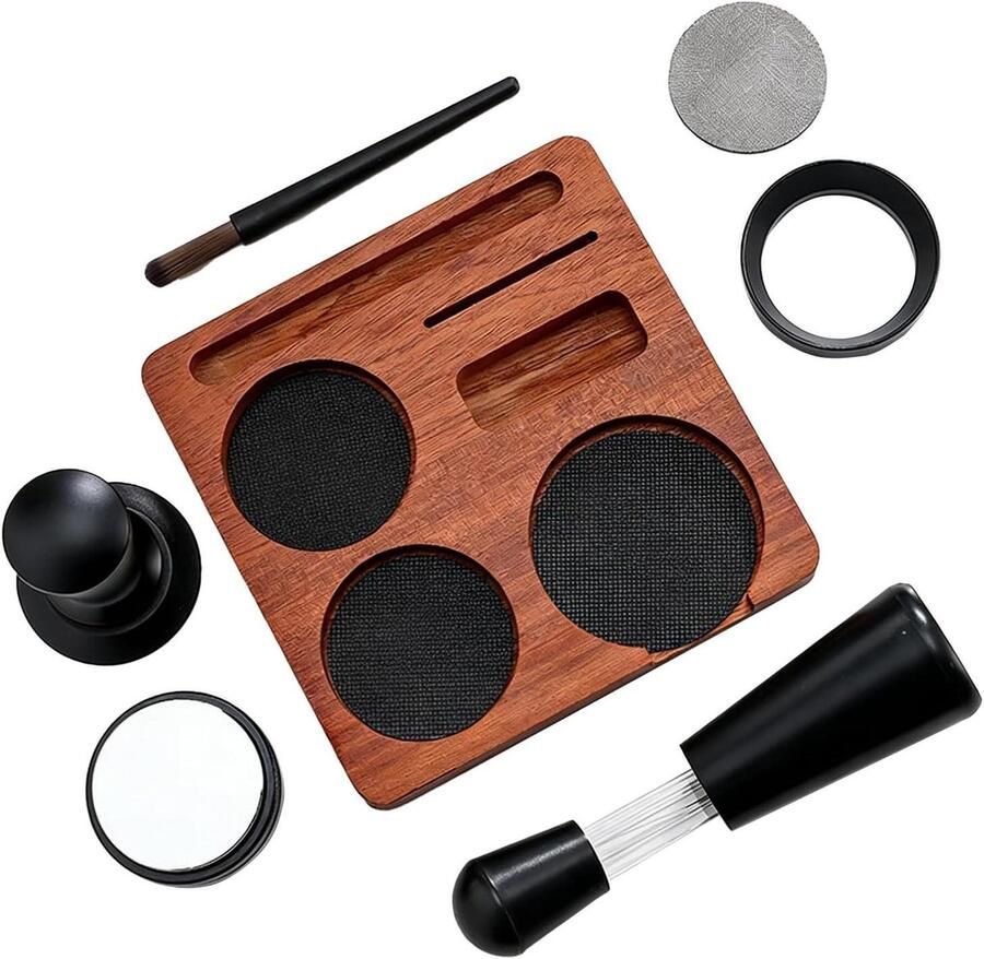 Koffie Tamperset Koffiedistributeur Doseertrechter Espresso Bereiden 7-delige Antislip Set 58 mm Zwart