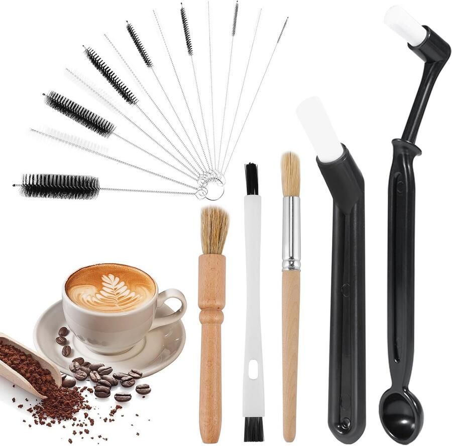 Koffieborstel set 15-delig voor het reinigen van koffiezetapparaten en koffiemolens