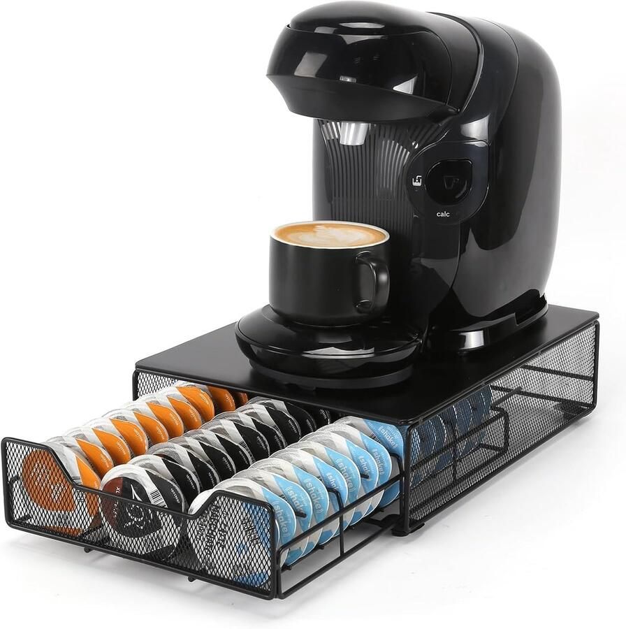 Koffiecapsulehouder met lade Opbergdoos voor 48 koffiecups Organiser voor Tassimo capsules Ideaal voor kleine ruimtes metalen constructie zwart en compact