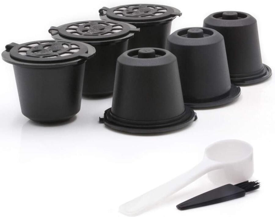 Koffiecapsules 6-Pack Herbruikbare Koffiefilters met Lepel en Borstel voor Nespresso OriginalLine Compatibel
