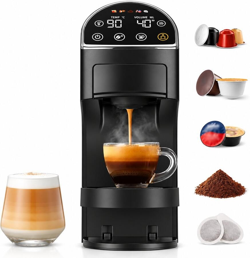 Koffiecupmachine 5-in-1 – 20 Bar Espressomachine – LED Touchscreen – Pre-infusie – 1 2 L – Zwart