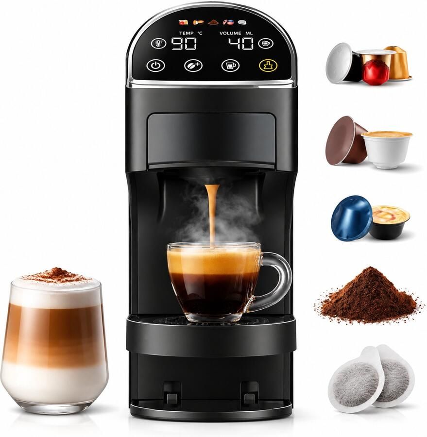 Koffiecupmachine 5-in-1 – 20 Bar – Touchscreen – Voor Capsules ESE Pads en Gemalen Koffie – 1.2L