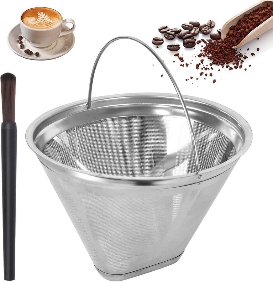 Koffiefilter van roestvrij staal filter voor koffie filter voor koffiezetapparaat permanent filter Fine Net met handvat borstel inbegrepen