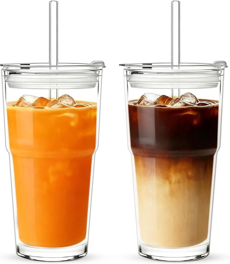 Koffieglas met deksel en rietje 600 ml 2 stuks