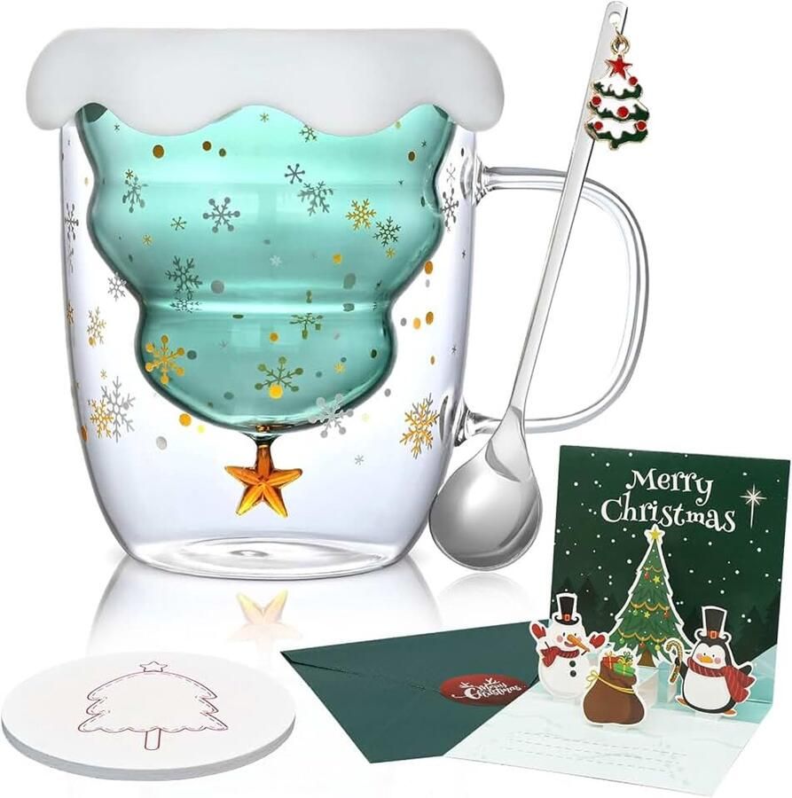 Koffieglazen 300 ml kerstmokken cadeauset met deksel lepel onderzetter kaart thermoglazen met handvat schattige kerstboom kerstmok voor cappuccino latte thee melk