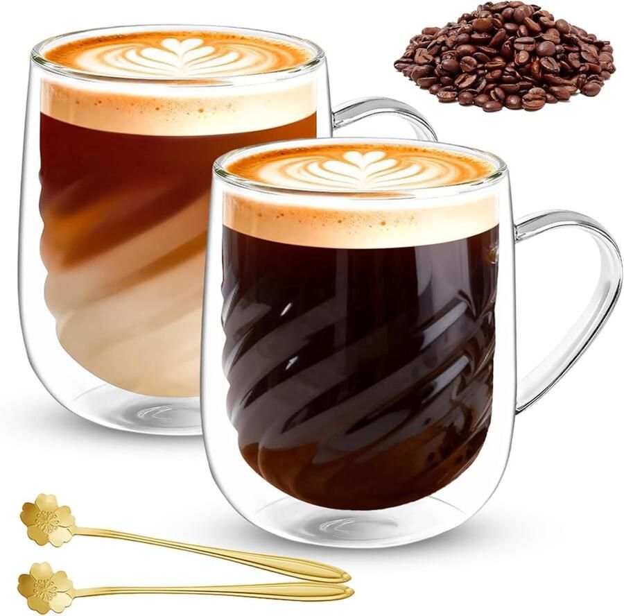 Koffieglazen 350 ml 2 stuks latte macchiatglazen met handvat en lepels cappuccinoglazen van borosilicaatglas voor warme dranken ijskoffie thee melk bier (2 x 350 ml + 2 lepels)