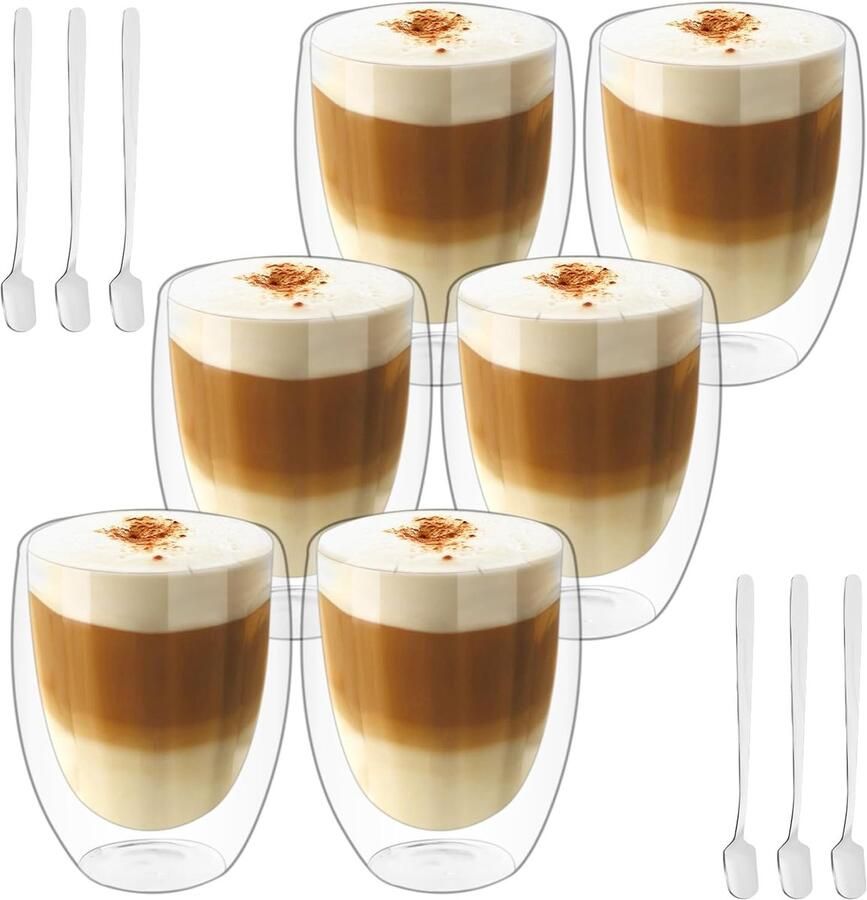 Koffieglazen 350 ml 6-delige set: latte macchiato cappuccino & espresso kopjes van glas