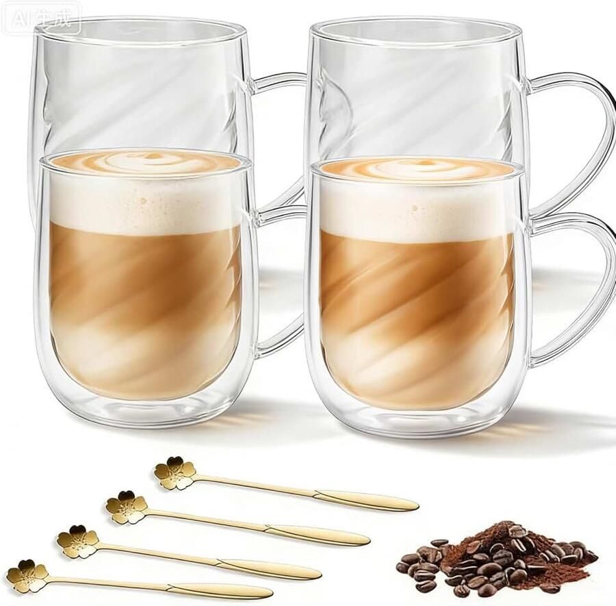 Koffieglazen 350 ml latte macchiato-glazen dubbelwandig met lepels theeglas dubbelwandige glazen voor cappuccino thee espresso melk bier (4 stuks)
