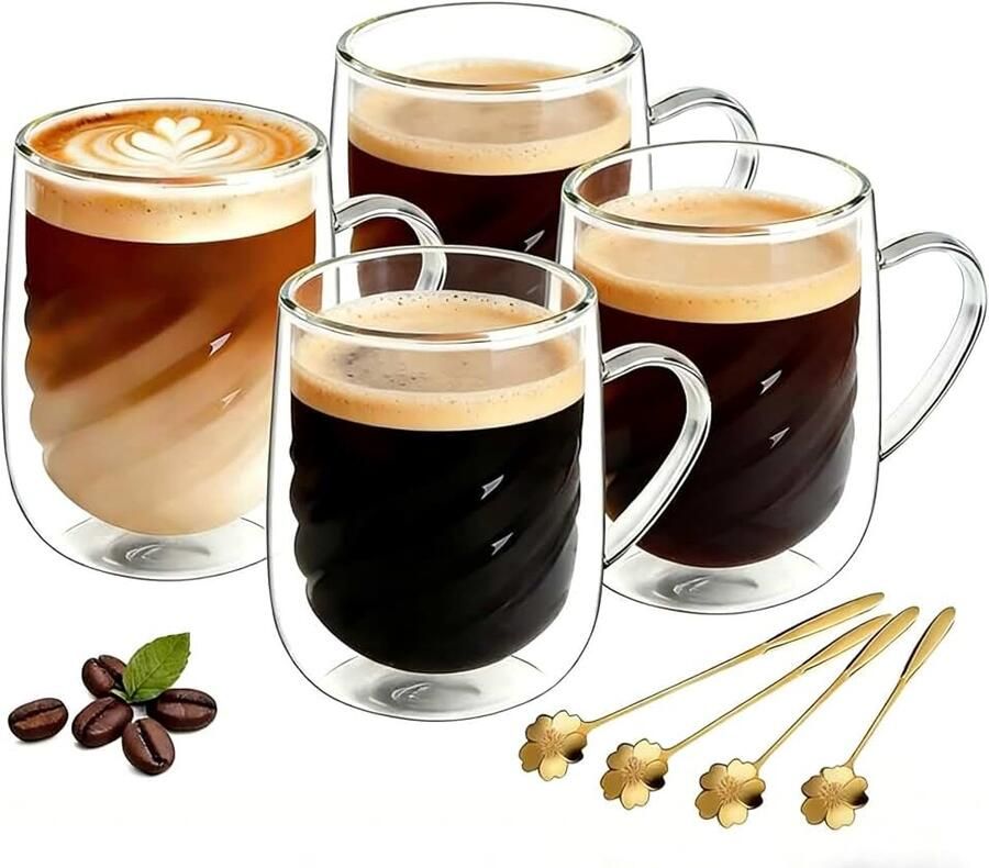Koffieglazen 350 ml met spiraaldesign & handvat en lepels latte macchiato-glazen dubbelwandig voor warme en koude dranken zoals latte macchiato cappuccino thee glazen (2)