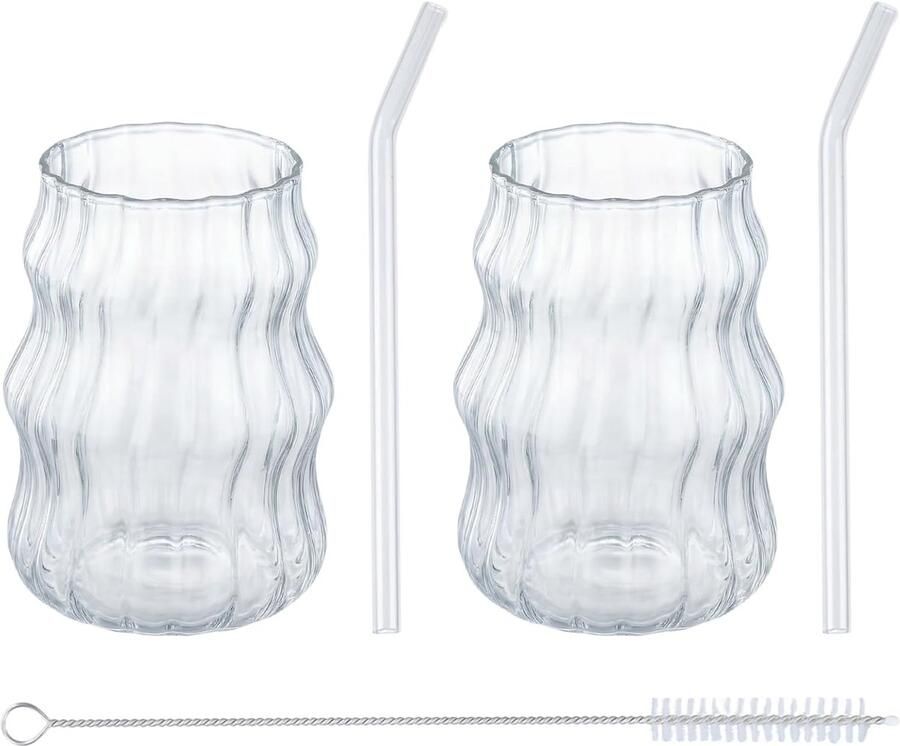 Koffieglazen 500 ml geribbelde koffieglazen met rietjes borosilicaatglas latte macchiatglas glas voor melk sap bier vaatwasmachinebestendig