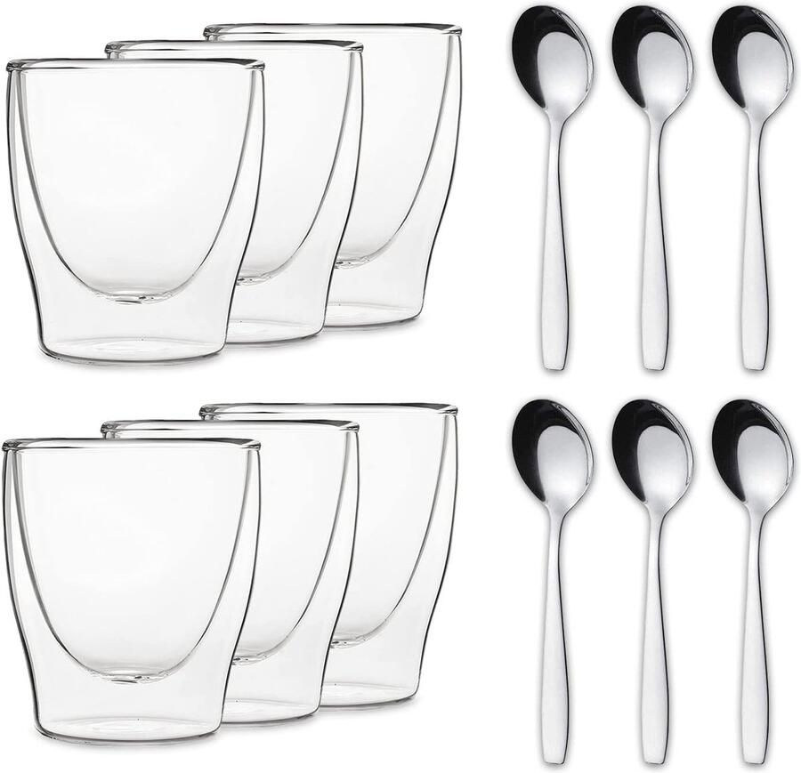 Koffieglazen dubbelwandige thermoglazen met roestvrijstalen lepel 80 ml geïsoleerd magnetronbestendig alleen met de hand wassen 2-delig