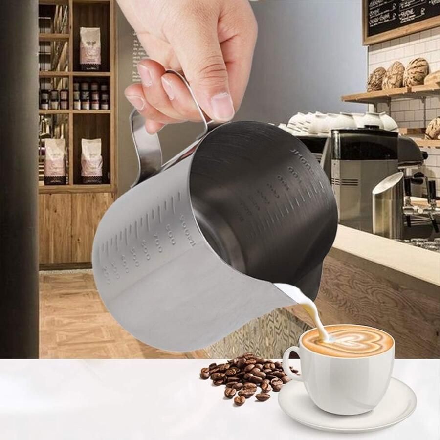 Koffiekan Roestvrij Staal Melkopschuimer Kan Latte Kunst Maken Met Maatmarkeringen 1000 ml Zilver