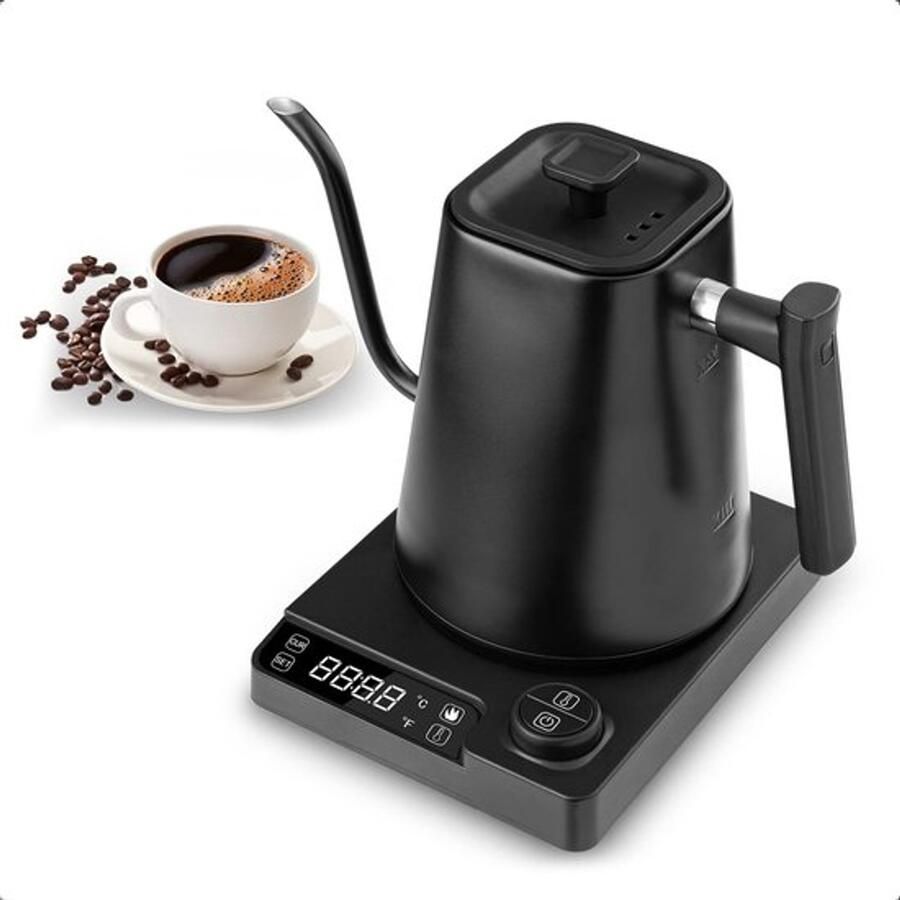 Koffieketel zwanenketel waterkoker met temperatuurinstelling 40 tot 100 graden warmhoudfunctie roestvrij staal 1 l 1200 W snelle verwarming warm houden digitale sensorknoppen mat zwart