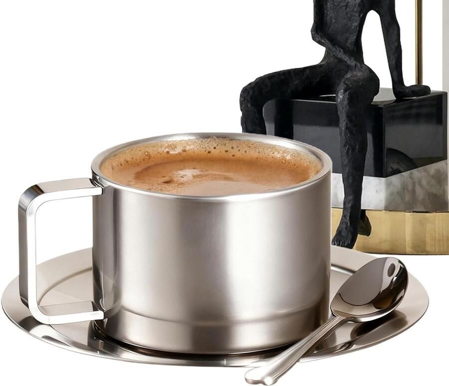 Koffiekop Set Geïsoleerde Mokken Warme Dranken Drinken Dubbelwandig Geïsoleerd 200 ml Zilver
