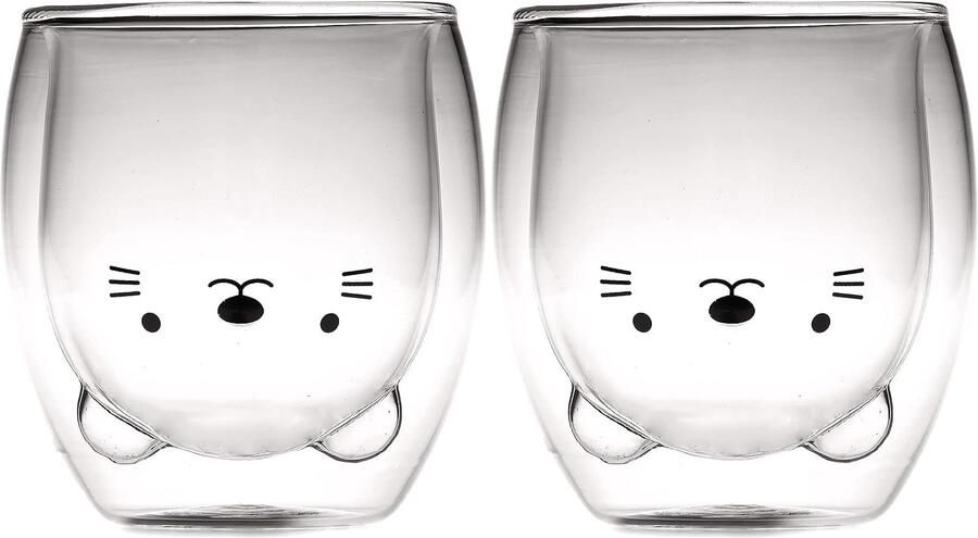 Koffiekopjes Drinkbeker Mok van 2 Dubbelwandige Glazen Gepersonaliseerde Melkbeker Theekopje voor 250 ml Kat