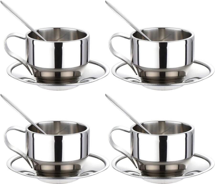 Koffiekopjes Set Espresso Cappuccino Warme Dranken Dubbelwandig Geïsoleerd 125 ml Zilverkleurig