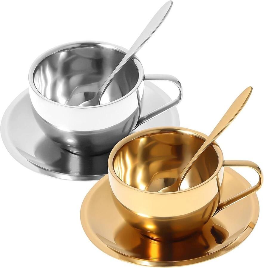 Koffiekopjes Set Espresso Mokken Elegant Koffie Drinken Duurzaam Roestvrij Staal 2 Sets Zilverkleurig