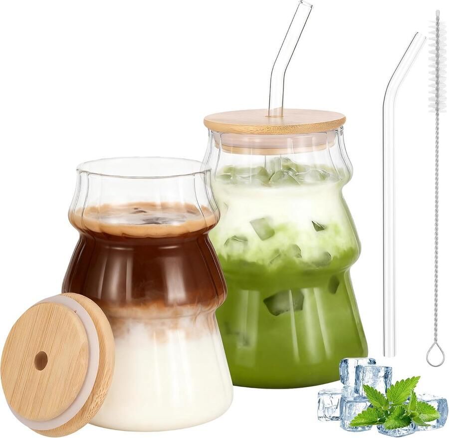 Koffiekopjes van glas 500 ml glazen bekers met deksel en herbruikbaar rietje transparant geribbelde matcha-bekers schattige glazen voor ijskoffie bubbelthee sap smoothies 2 stuks