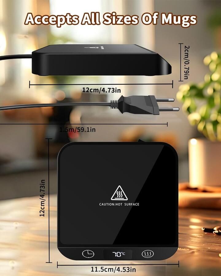 Koffiekopjeswarmer mokkenwarmer voor bureau met 6 temperaturen (45 °C 70 ℃ led-display koffiekopjeswarmer en 1-12 uur timer voor koffie thee melk kaarsenwarmer (zwart)