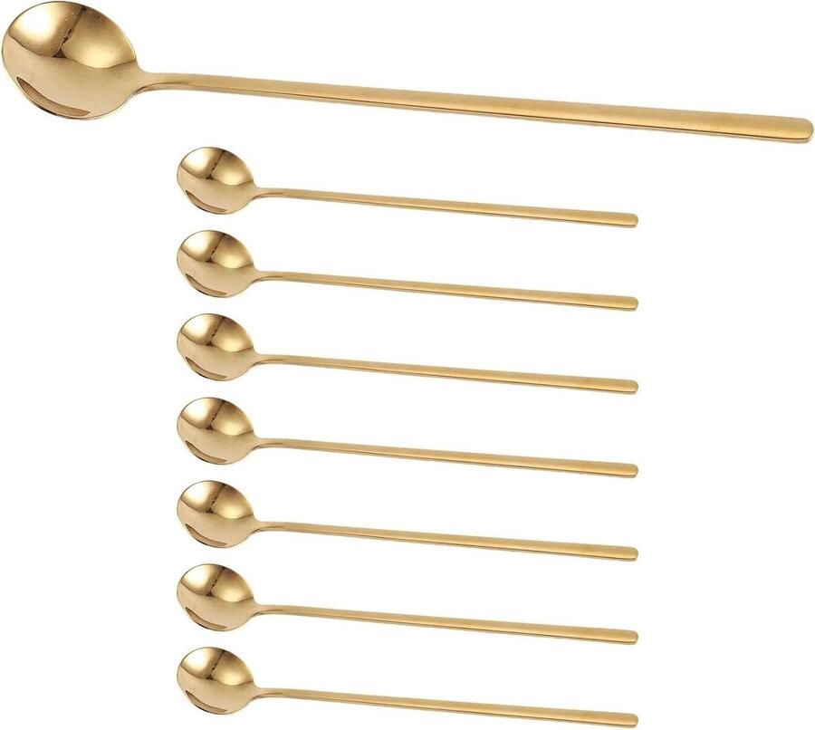 Koffielepels Set Roerlepels IJsthee Dranken Serveren Spiegelgepolijst 8 stuks 17cm Goudkleurig