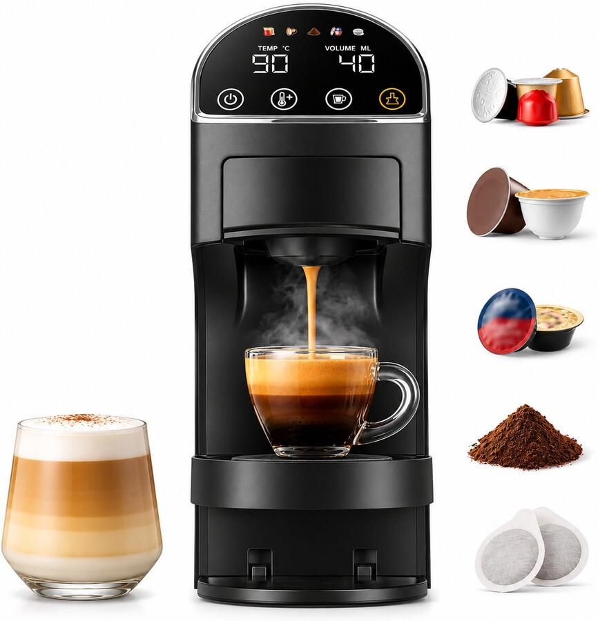 Koffiemachine 5-in-1 – 20 Bar Espressomachine – Capsules ESE Pads & Gemalen Koffie – Touchscreen 1 2L