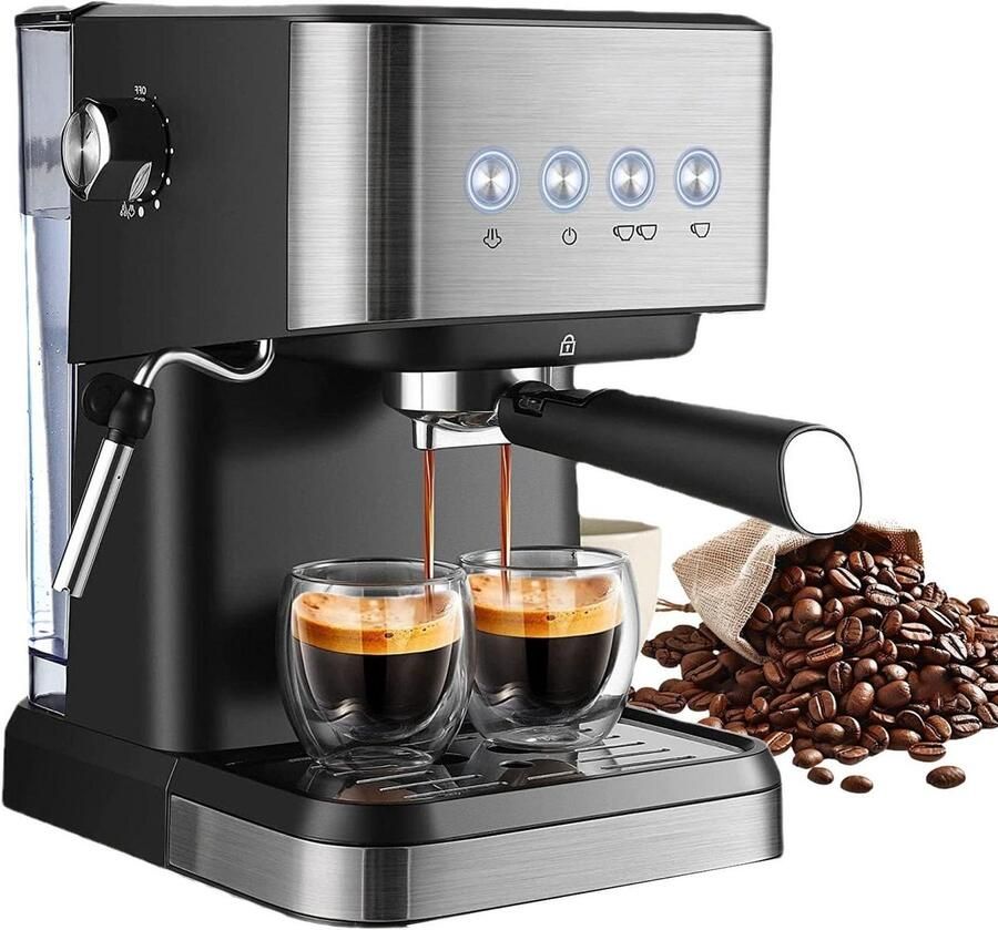Koffiemachine Espresso apparaat Verse koffie zetten Zet twee koppen tegelijk 1.5 liter tank Zwart