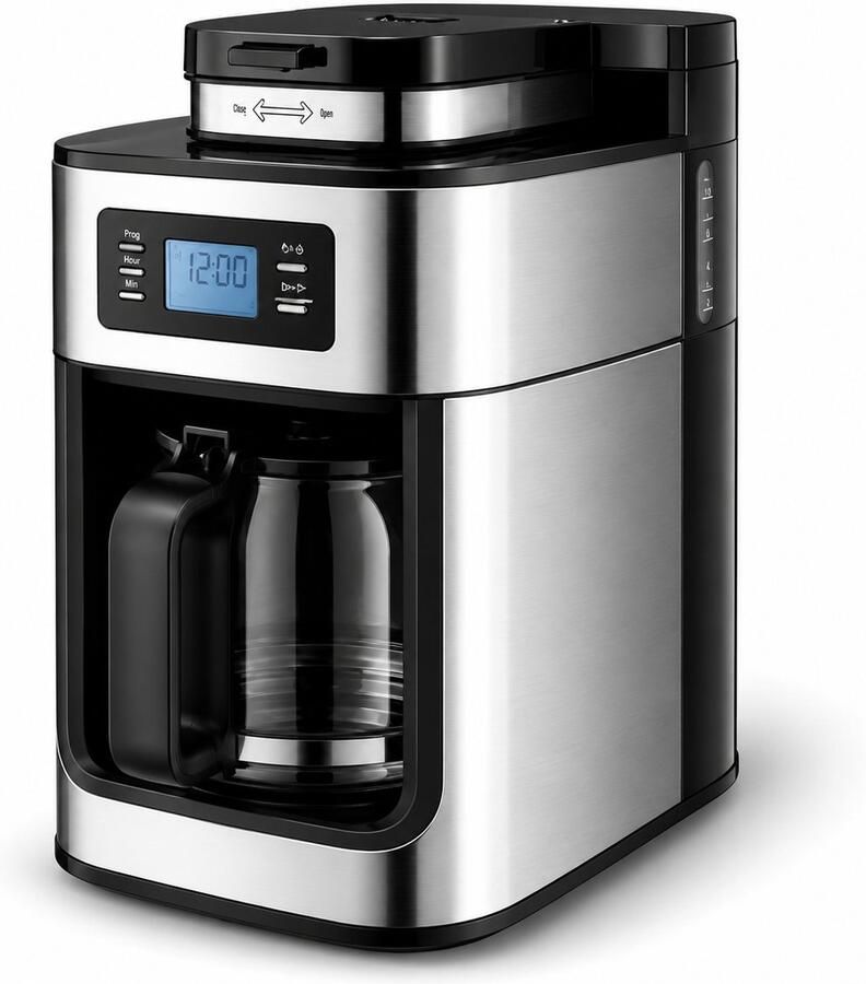 Koffiemachine met Bonenmaler – Volautomatisch Koffiezetapparaat 1L – LCD Display & Timerfunctie – Voor Verse Koffiebonen en Gemalen Koffie – RVS