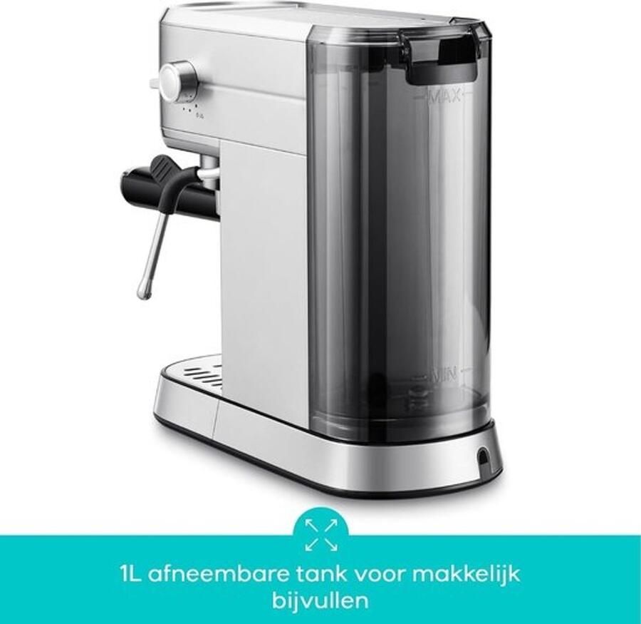 Koffiemachine voor espresso – 20 Bar – Melkopschuimer – Compact ontwerp van roestvrij staal – Waterreservoir van 1L – PID-thermoblock