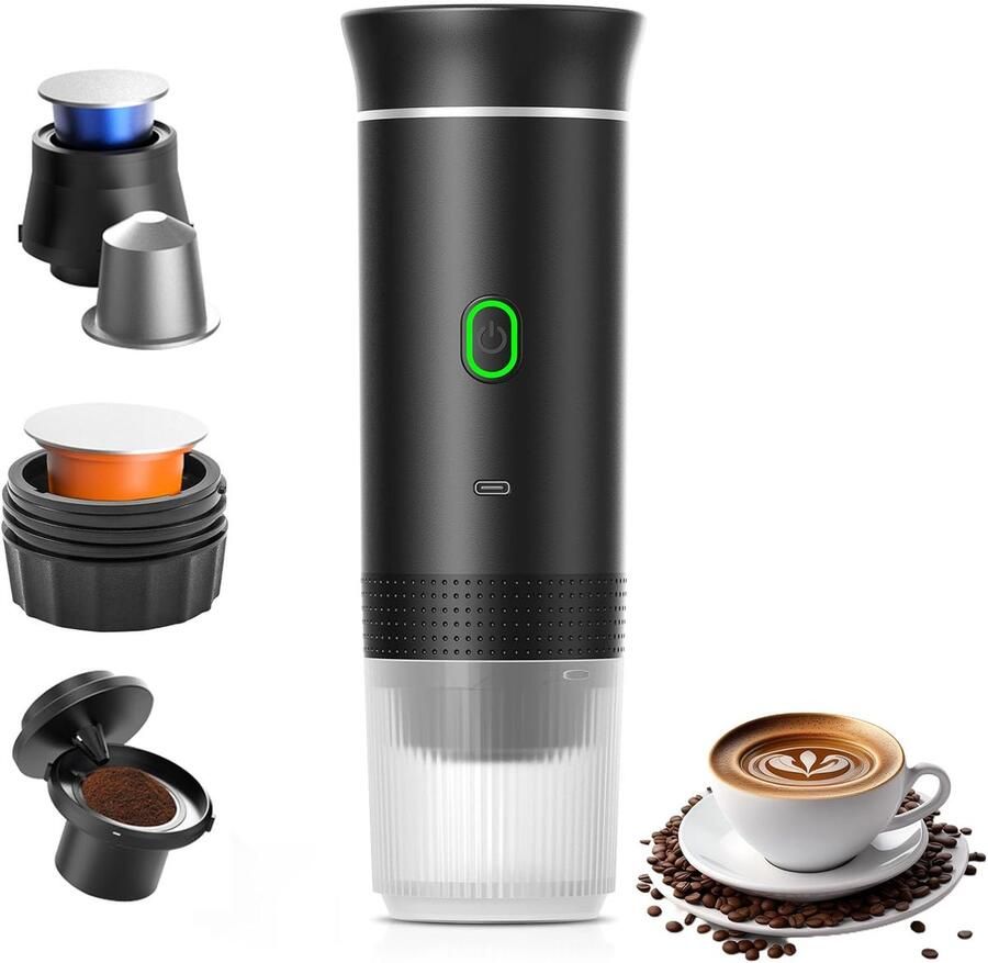 Koffiemachines Koffiezetapparaat Draagbaar Koffiezetapparaat Koffiemolen Compact koffiezetapparaat Miniatuur draagbaar espressoapparaat Elektrisch reiskoffiezetapparaat met verwarming Van 60 ml Voor wandelen Zwart