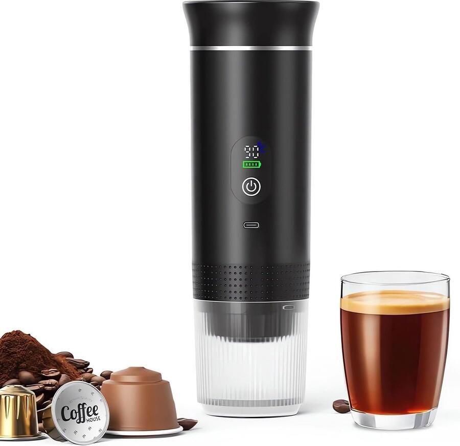 Koffiemachines Koffiezetapparaat Draagbare elektrische espressomachine 3-in-1 draagbaar koffiezetapparaat met zelfverwarmende functie USB-C-oplaadpoort Voor camper Kamperen wandelen en kantoor Zwart