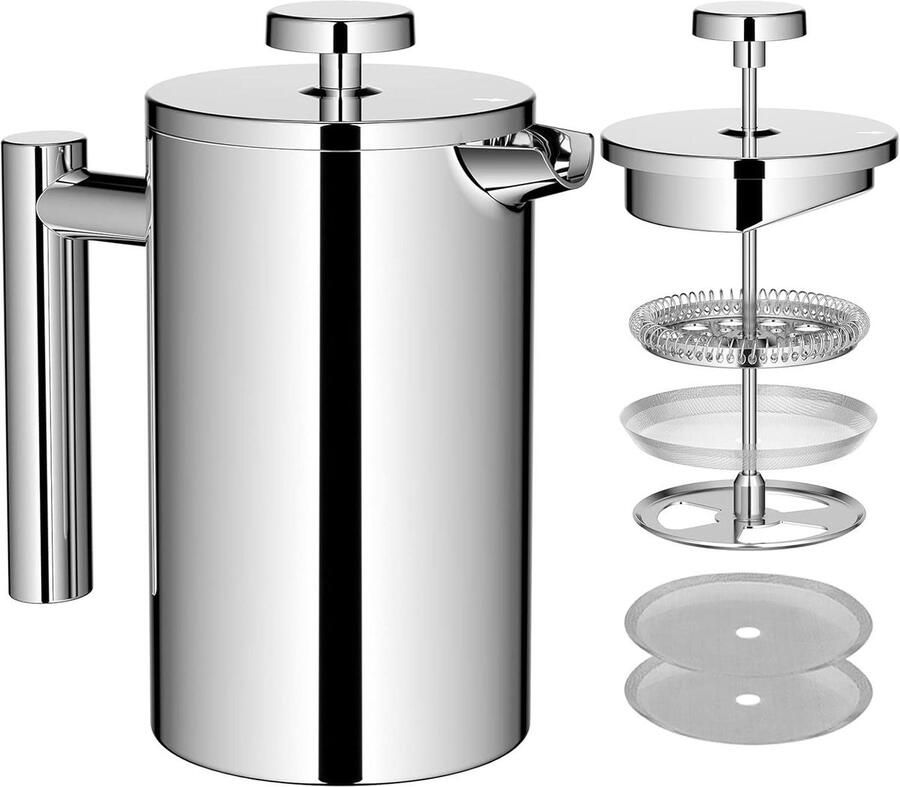 Koffiemaker French Press Koffiezetapparaat Dubbelwandig Verse Koffie Bereiden Verstelbaar Filtersysteem 06 Liter Zilver