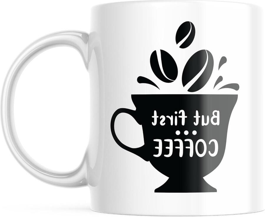 Koffiemok met tekst Kop koffie Mok met opdruk Ochtendritueel Engelse tekst 'But first Coffee' 330 ml