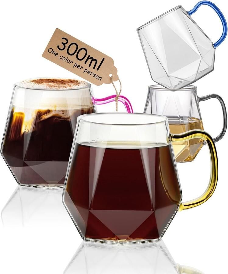 Koffiemokken 300 ml met handvat set van 2 heldere koffiekopjes latte-glazen borosilicaat hittebestendig voor cappuccino espresso thee melk sap bier en warm koude dranken (4)