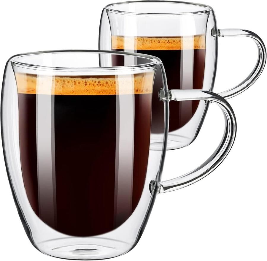 Koffiemokken set van 2 dubbelwandige koffiemok 350 ml glazen koffiemokken met handvat geïsoleerde koffiemok voor cappuccino latte koffie borosilicaatglas koffiekopjes voor keuken reizen