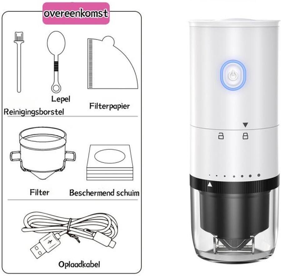 Koffiemolen Elektrische keramische koffiemolen Oplaadbare koffiemolen met keramische maalschijf Draagbare elektrische koffiemolen In verstelbare dikte Afneembaar deksel om bonen bij te vullen Inclusief filter en lepel 1200mAh wit