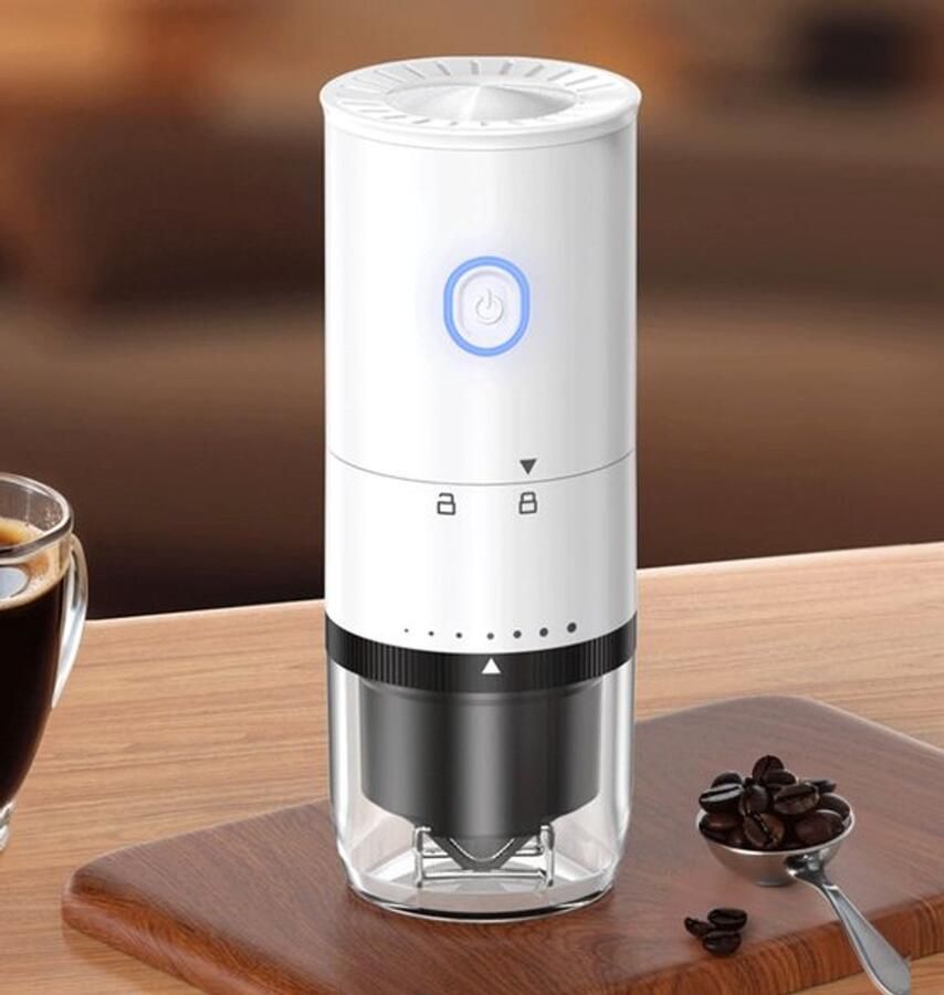 Koffiemolen voor binnen en buiten met afneembaar deksel verstelbare bonentoevoer en elektrische keramische maalschijf