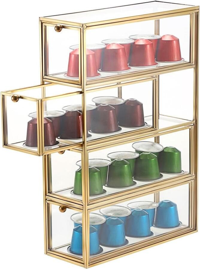 Koffiepadhouder met laden Espresso organizer Koffiebar inrichten Gouden design 4 laden Goud
