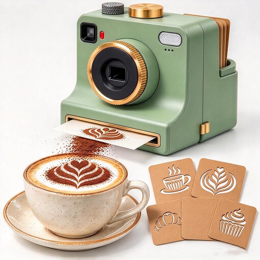 Koffieprinter 3D Latte Art Printer Latte Art Camera met één klik Inclusief vier kaarten Gebruiksvriendelijk Herbruikbaar poedergereedschap Geschikt voor cappuccino's en lattes Groen Willekeurige kaarten