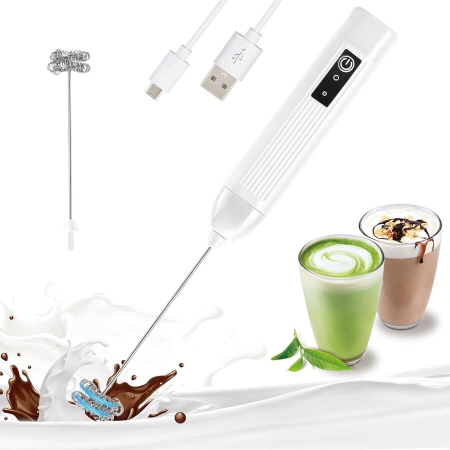 Koffieschuimer Elektrische melkschuimmaker Opklopper Handmixer Oplaadbare handmelkopschuimer Elektrische koffiemixer met 3 snelheden en roestvrijstalen garde voor warme chocolademelk eieren latte en cappuccino Wit