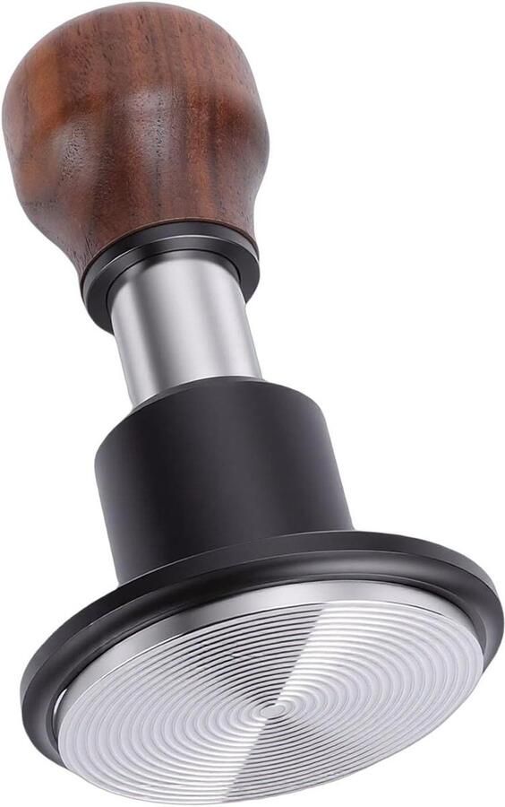 Koffiestamper Espresso Tamper Koffiebereiding Veerbelast Dubbel Veersysteem 58.5 mm Zilver Walnoot
