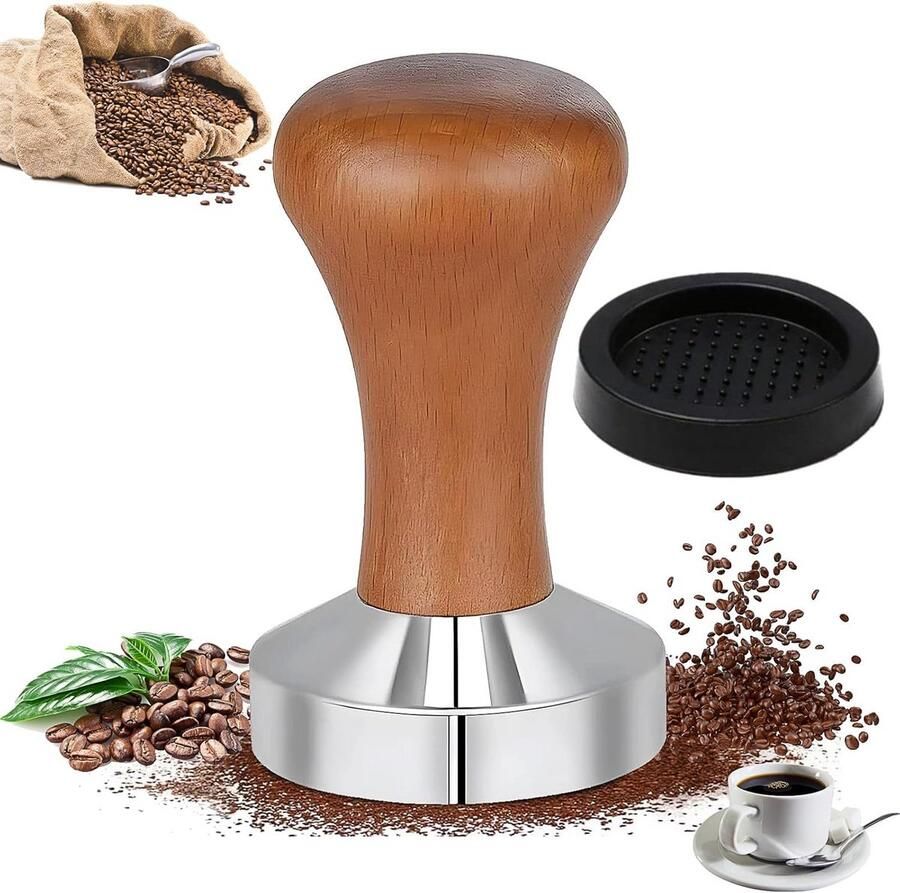 Koffiestamper Plat 51mm Roestvrij Staal met Houten Handvat voor Espresso